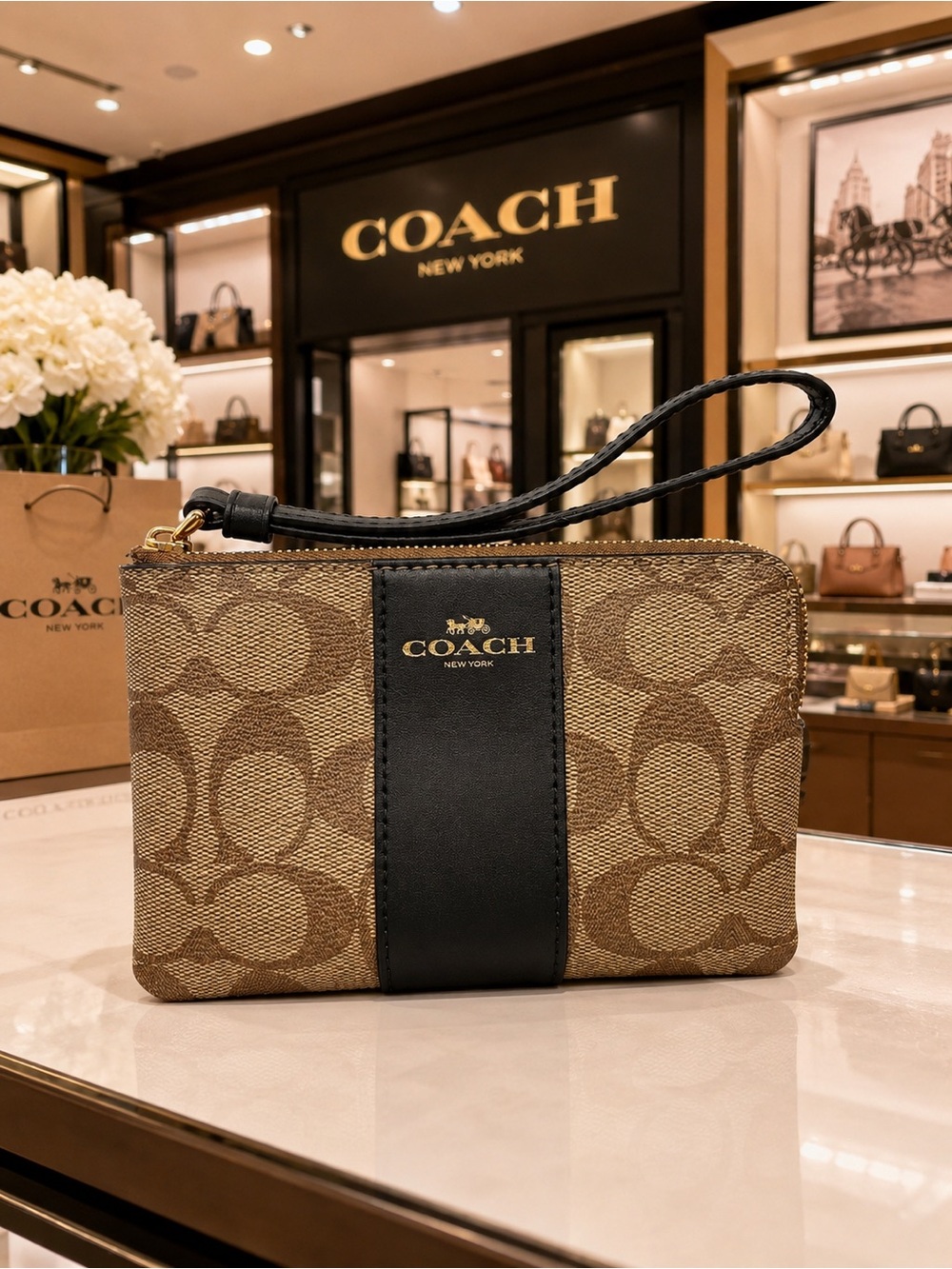 Coach Signature Canvas Corner Zip Wristlet in Khaki and Black - Picture 2 of 5